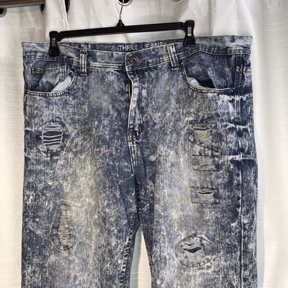 Thrill Denim Jeans Pants Mens Blue Acid Wash Distressed as 42/33 measures 44/33 - Picture 2 of 9